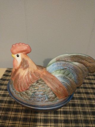 Fenton Rooster Hen On Nest Hand Painted By D.  Barbour