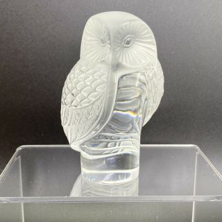 Lalique Chouette Owl Figurine Paperweight French Art Glass Sign Etched 3.  5 " Tall