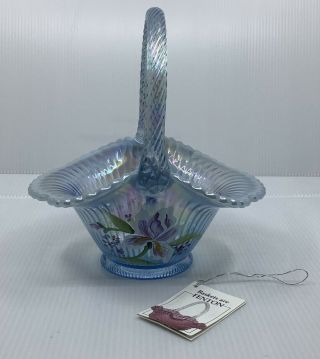 Fenton Glass Hp Irises On Misty Blue Opalescent Ribbed Optic Bridal Basket 1538