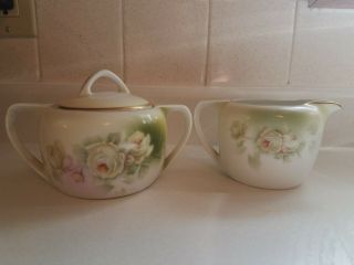 Hand Painted Prussia Royal Rudolstadt Sugar Bowl & Lid With Creamer Gold Trim
