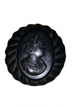 Vintage Art Deco Hand Carved Black Bakelite Cameo Mourning Pin Brooch