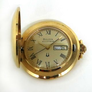 Vintage Bulova Accutron Pocket Watch Gold Plate Gold Face Day Date Dial