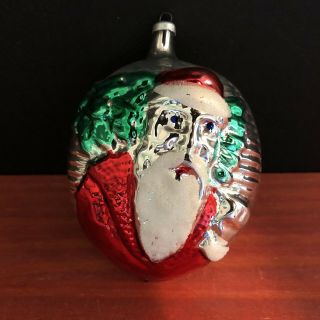 Vtg Christmas Glass Ornament,  Painted Santa W/ Tree,  Glitter,  W.  Germany