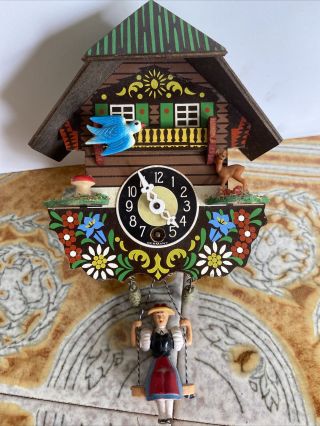 Vintage Coocoo Coo Coo Clock Germany Hanging Cabin Mushroom Deer Bird