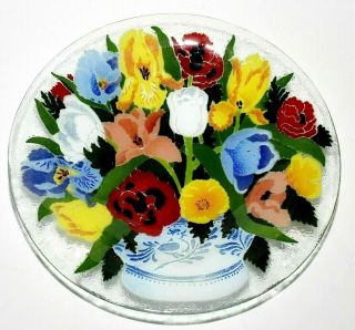 Peggy Karr Huge 15 " Fused Art Glass Spring / Summer Flowers In Vase Bowl