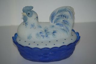 Fenton Hen On Nest White & Cobalt Blue Glass - Oddity Piece