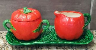 Vintage 4 Piece Tomato Shape Sugar And Creamer With Tray
