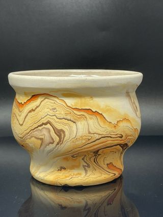 Nemadji Pottery Vase Usa Orange And Red Marble Swirls 4”high Signed