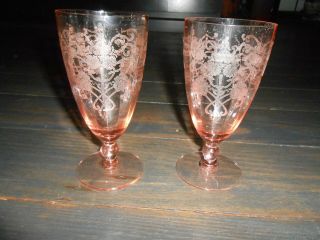 Vintage Hard To Find Set Of 2 Depression Glass Pink Patrick Water Stems