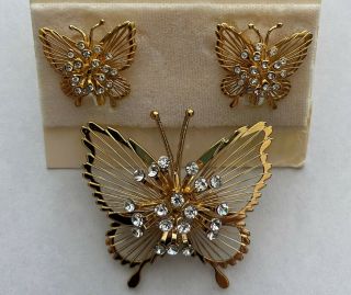 Vintage Monet Harp Butterfly Brooch And Earring Set - Rhinestones Gold Tone