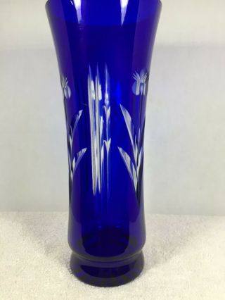 Vintage Cobalt Blue Cut To Clear Bohemian Crystal Vase Floral 10 - 3/8 " Tall