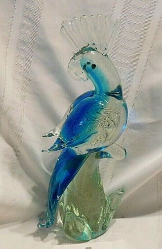 Murano Style Art Glass Parrot Cockatoo Bird 12 " Sculpture Blue Figurine Macaw