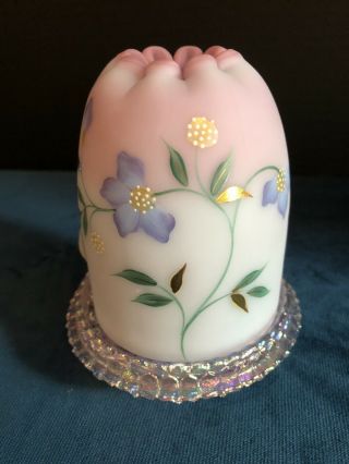 Fenton Pink Custard Glass Fairy Lamp Artist Signed Ruffled Top Iridescent Base