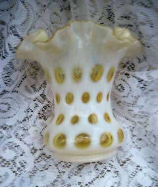 Vintage Fenton Yellow Coin Spot Opalescent Art Glass Vase W/ Ruffled Top Edge