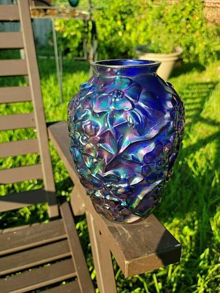 Stunnng Fenton Cobalt Blue Carnival Embossed Dogwood Vase