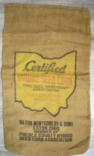 Vintage Burlap Ohio Hybrid Seed Corn Sack Mason & Montgomery & Sons Eaton Ohio 2