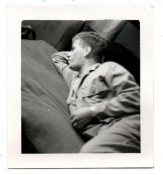 Good Looking Military Soldier Lying On Bed Relaxing Pose Vintage Snapshot Photo