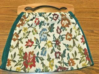 Vintage Sewing Bag,  Crochet,  Wood Handles,  Floral,  Flowers And Vines