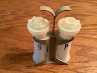 Vintage Tupperware Salt And Pepper Shakers 4 1/2” H With Stand Carrier