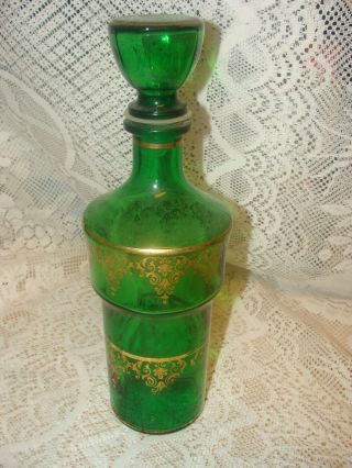 Forest Green Glass Liquor Decanter With Stopper Gold Trim Vintage
