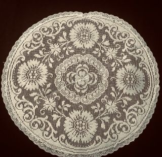 Old Vintage Off - White Doily Embroidery On The Net Floral Motif 11 " Across