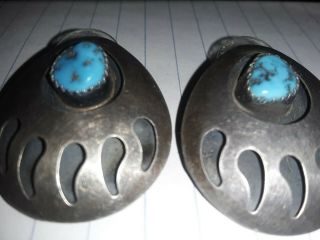 Vintage Native American Sterling Silver Navajo Turquoise Bear Paw Earrings