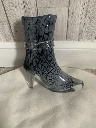 Vintage Murano - Laguna Glass Boot With Buckle Vase Black & White 10 " Collectable