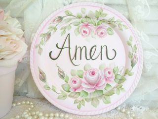 Hand Painted Amen Pink Roses Tray Bydas Hp Romantic Chic Shabby Vintage Cottage