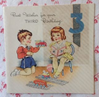 Vintage 1940s Birthday Greeting Card Little Boy & Girl,  Toy Train,  Book,  Toys