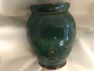 Vintage Old Sturbridge Village Redware Pottery Miniature Green Vase Mark On Base