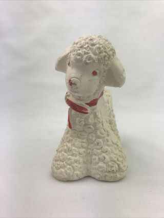 Vintage Chalkware Lamb With Red Bow Figurine 4”H Flaw 2