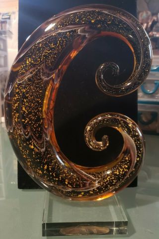 Hand Blown Golden Colored Circular Abstract Murano Art Glass Sculpture " C? "