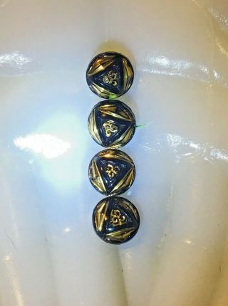 Victorian Vtg Set Of (4) Black Glass Mourning Buttons Etched W/ Gold Luster