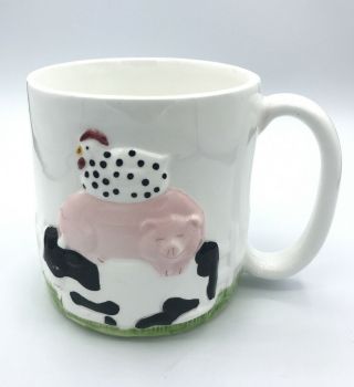 Mug Cup Farm Theme Stacked Cow,  Pig And Chicken 1991 Clay Art Stacked Animals