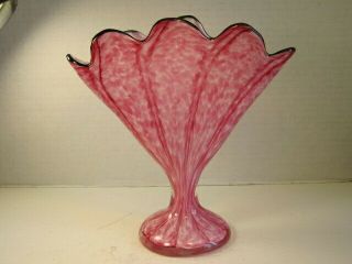 Vtg Pink Clear Cased W/ Black Top Edge Czech Signed Fan Shaped Art Glass Vase