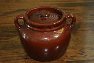 Vintage Usa Brown Glaze Pottery Crock Cookie Jar Bean Pot Lid Handles 6 " Tall