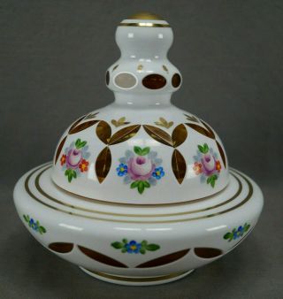 Czech Bohemian Hand Enameled White Cased Cut To Amber Covered Candy Dish Bowl