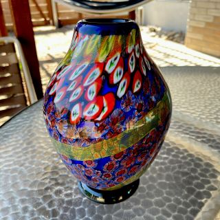 Vth Heavy Murano Glass Vase Millefiori Pattern Cobalt Blue Red White Yellow Line