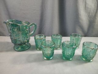 Westmoreland Teal Carnival Glass Paneled Grape Childs Water Set Pitcher Tumblers