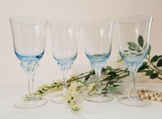 Set Of 4 Fine Crystal Light Blue Hawthorne Azure Wine Glasses By Sasaki