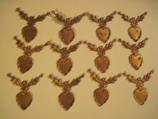 Vtg Leafy Flying Hearts Pendant Spacer Brass Findings Stampings 1.  25 "
