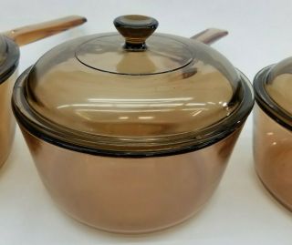 6 Pc Set Corning Pyrex Visions Ware Amber Glass Pots Sauce Pan Cookware w/ LIDS 3