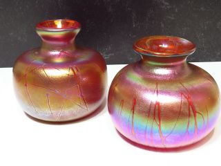 Two Iridescent Purple Red Magenta Blown Glass Loetz Style Vases 4 "