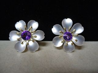 Vintage Retro White Celluloid & Purple Rhinestone Flower Clip On Earrings