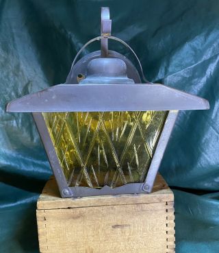 Vintage Brass Porch Lamp Light Yellow Diamond Glass It Has Tarnished.