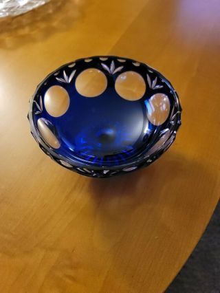 Vintage Fenton Cobalt Blue Coin Dot Cut to Clear Glass Candy Dish 5in x 3in 2