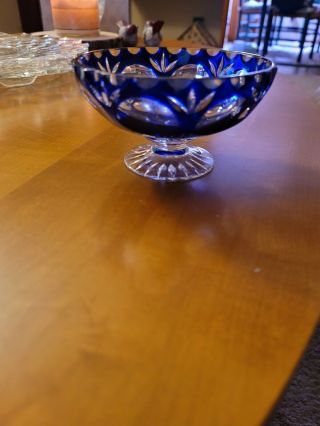 Vintage Fenton Cobalt Blue Coin Dot Cut to Clear Glass Candy Dish 5in x 3in 3