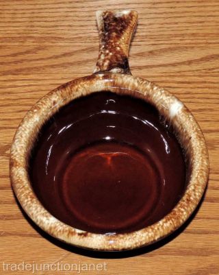 Vintage Oven Proof Usa Brown Drip Stoneware Pottery Onion Soup Handled Bowl (1d)