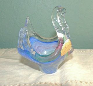 Vintage Murano Blue Green Swan Clear Blown Art Glass Candy Dish Bowl W/ Sticker