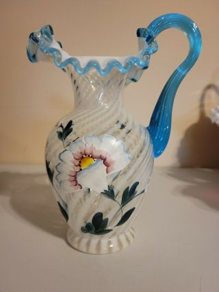 Fenton 90th Anniversary Optic White 9.  5 " Ruffled Floral Hand Painted Pitcher